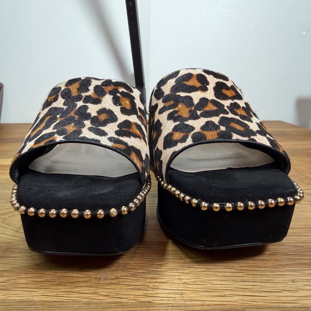 Gianni Bini Womens 6 Calfhair Leopard Platforms Sandals Studded Block Heels Shoe - Picture 3 of 11